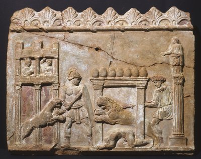 Leones y gladiadores en la arena de Roman